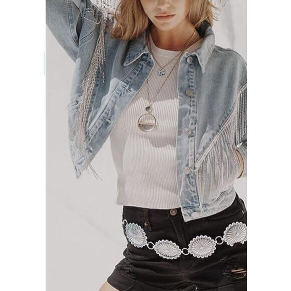 Denim Coat Jacket Women Medium Cropped Rhinestone Distressed Fringe Cowgirl - Picture 2 of 10